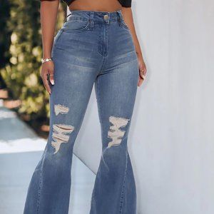 High Waist Pocket Design Ripped Bootcut Jeans